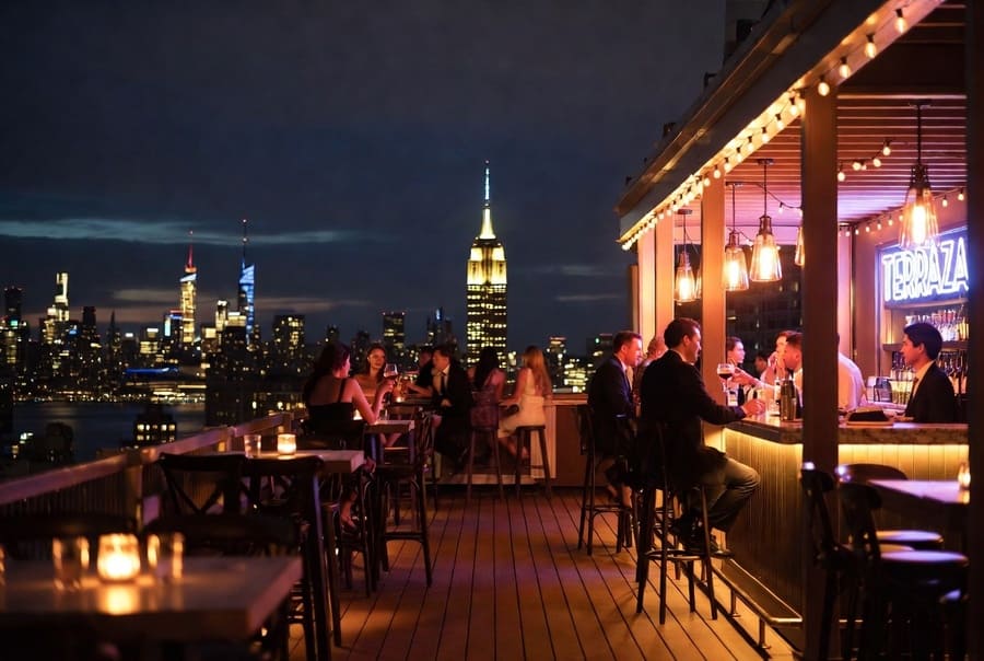 Terraza rooftop bar de noche en Nueva York con vistas directas al Empire State Building